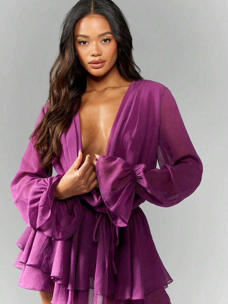 MISSGUIDED Designer Chiffon Long Sleeve Mini Wrap Dress Plunging Neckline Party Ruffle Layered Evening Special Occasion Statement Bow Shoulder | SHEIN