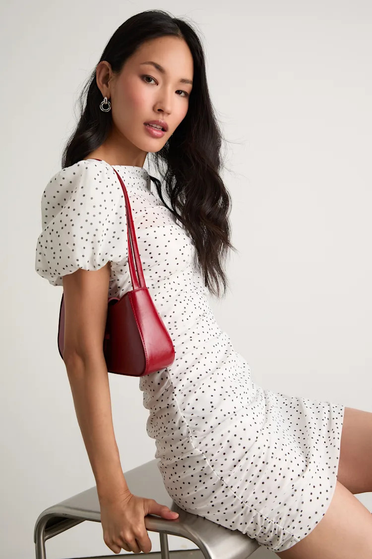 Claritza White Polka Dot Ruched Puff Sleeve Mini Dress | Lulus