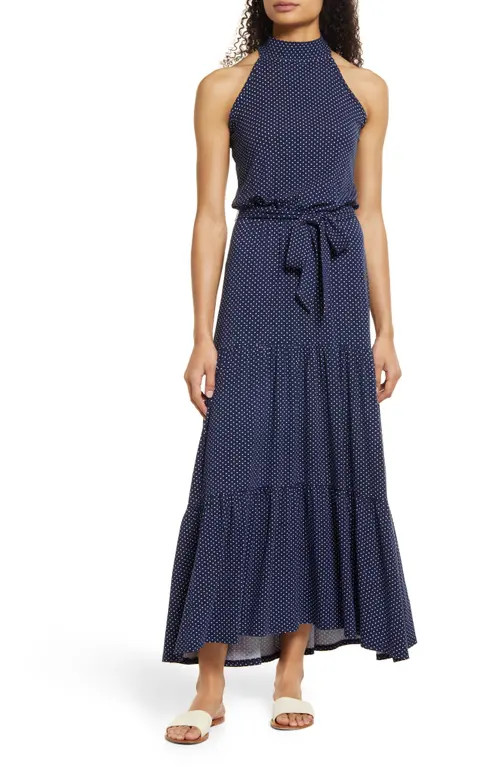 Loveappella Polka Dot Halter Neck Maxi Dress in Navy at Nordstrom, Size Large | Nordstrom