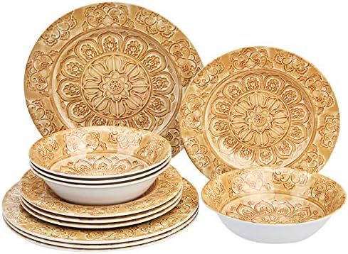 Amazon Basics 12-Piece Melamine Dinnerware Set - Service for 4, Faded Glaze Brown | Amazon (US)