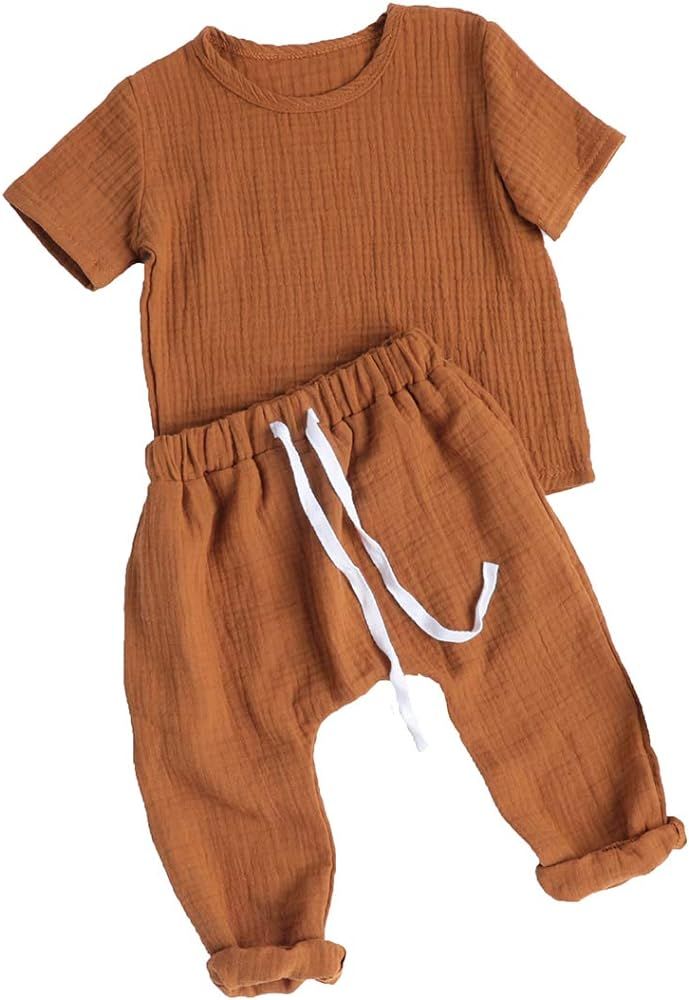 0-24M Baby Boys Girls Cotton Linen T-Shirt + Drawstring Long Pants Outfit 2 Pieces Summer Clothing S | Amazon (US)