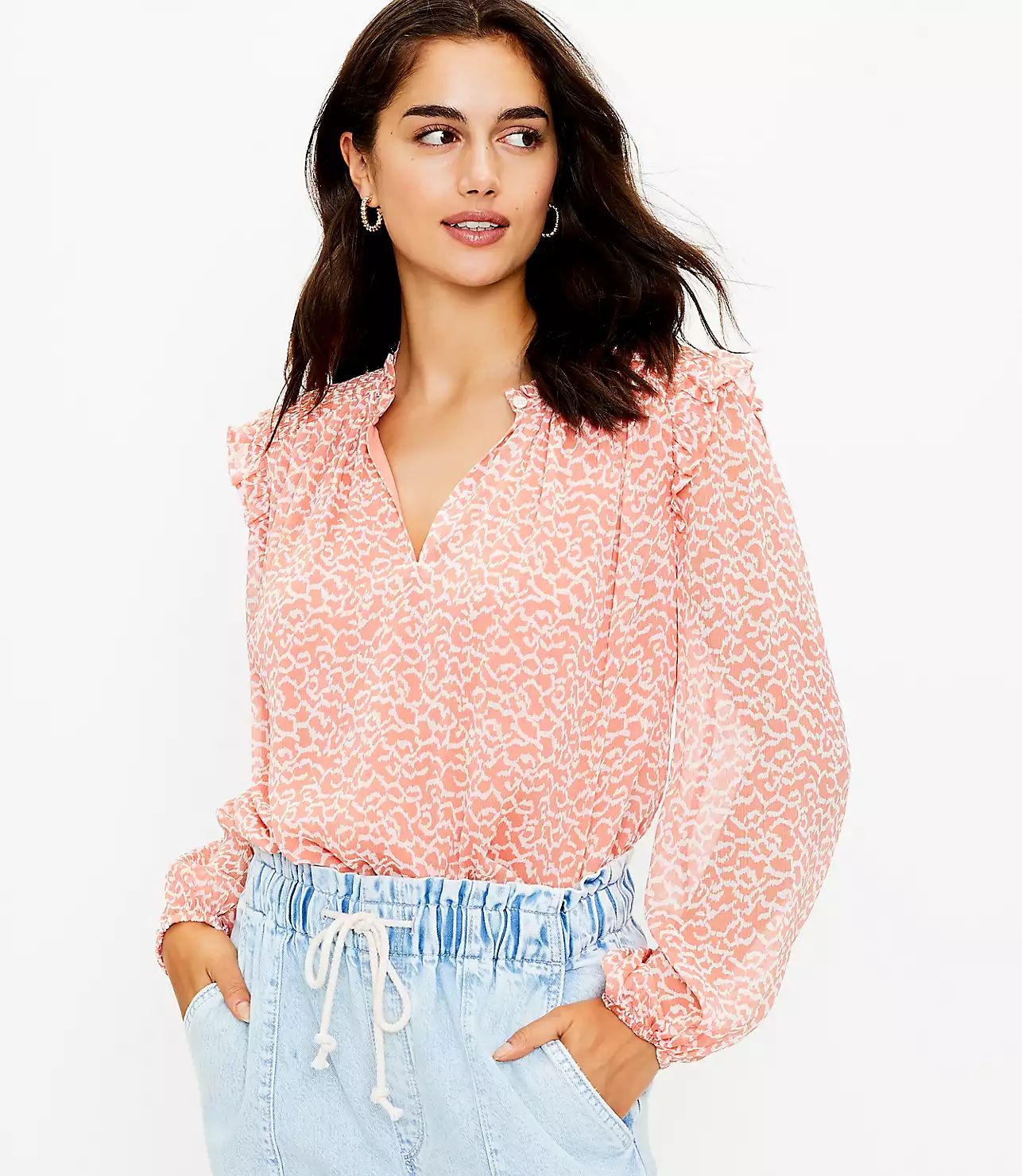 Geo Smocked Shoulder Blouse | LOFT