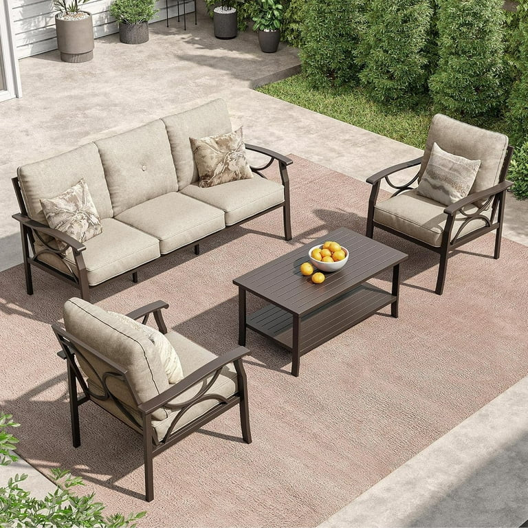 May in color Outdoor Patio Furniture Set, 4 Piece Patio Conversation Set with Coffee Table, Metal... | Walmart (US)