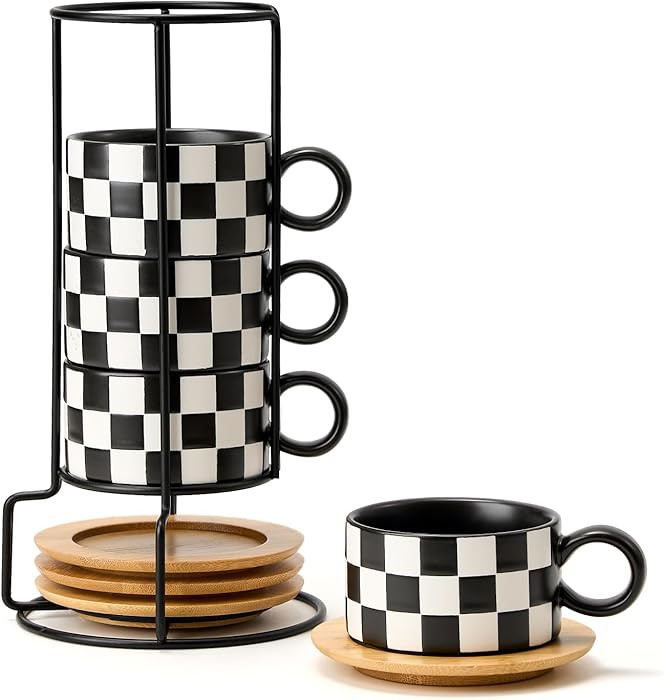 LUKA 6 Ounce Ceramic Stackable Black and White Checkered Espresso Cups with Saucers and Metal Sta... | Amazon (US)