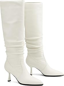 Knee High Boots Women Kitten High Heel Faux Leather Pointed Toe Slouchy Long Boots Fashion Dress ... | Amazon (US)