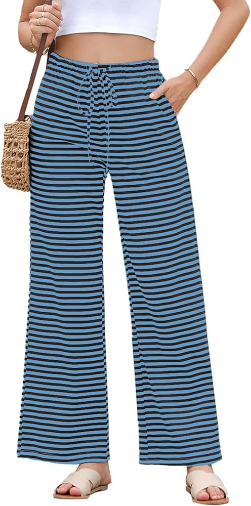 EVALESS Wide Leg Pants for Women Drawstring Elastic Waist Stripe Ribbed Sweatpants with Pockets | Amazon (US)
