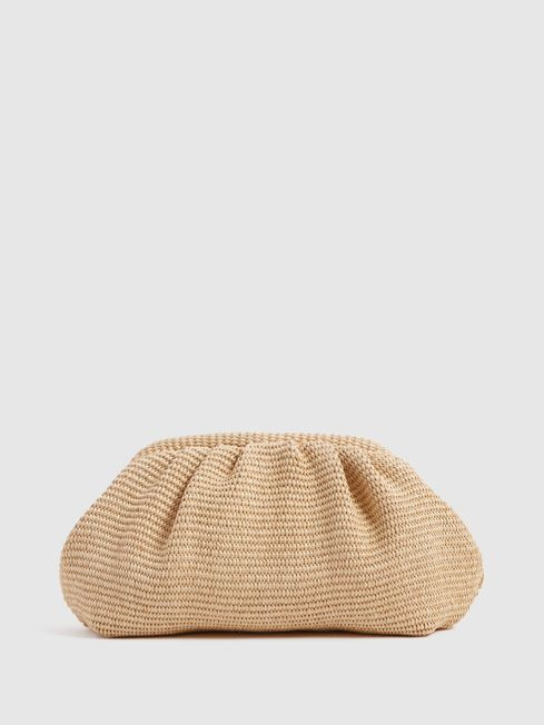 Reiss Neutral Delilah Raffia Ruched Clutch Bag | Reiss UK