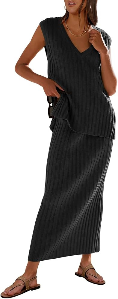 ANRABESS Women's 2 Piece Outfits Summer Sweater Skirt Sets Casual Sleeveless V Neck Ribbed Vest K... | Amazon (US)