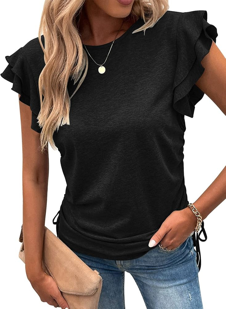 EADINVE Womens T Shirts Pleated Loose Fit Crew Neck Ruffle Sleeve Side Tie Drawstring Tunic Summe... | Amazon (US)