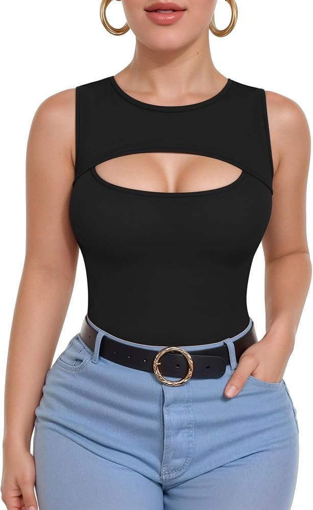 ALGALAROUND Sleeveless Tank Tops for Women Cut Out Front Ribbed Tshirt Crew Neck Casual Shirt | Amazon (US)