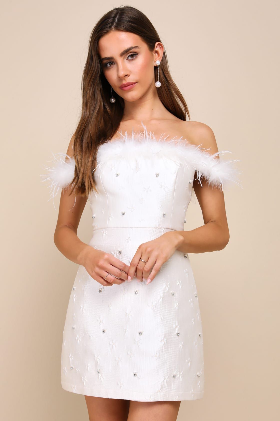 Charming Always Ivory Floral Jacquard Feather Mini Dress | Lulus
