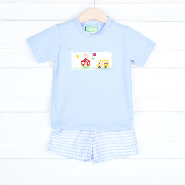 Back to School Bus Blue Boy Short Set | Classic Whimsy