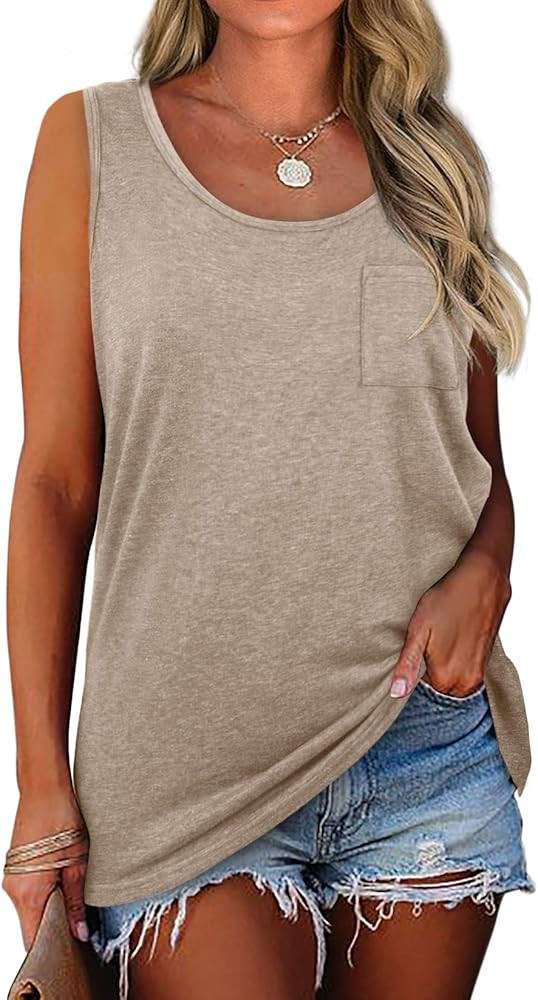 OFEEFAN Women Summer Tank Tops Sleeveless Scoop Neck Loose Fit Tank Tops with Pocket | Amazon (US)