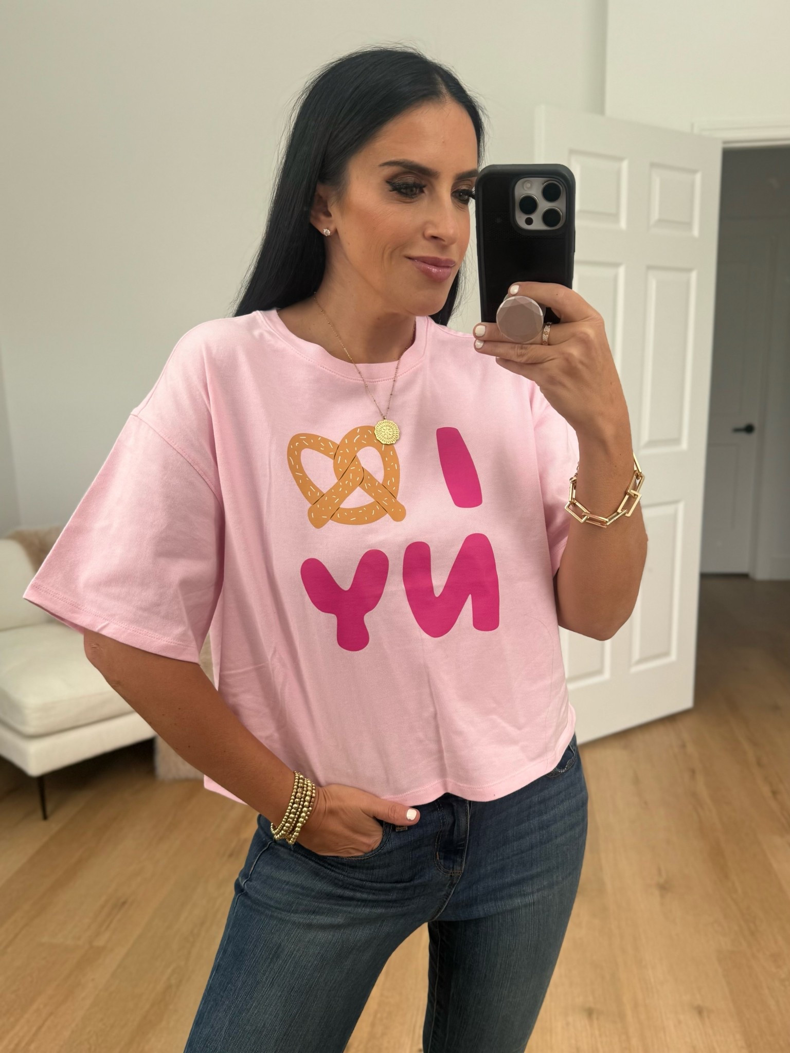 Scoop Women’s and Women’s Plus Cotton Cropped New York Graphic Tee wearing size medium now $9 originally $16. 
