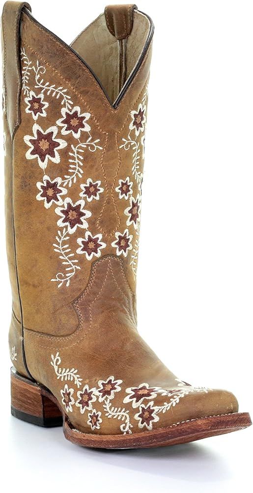 Corral Circle G Women's Floral Embroidery Square Toe Leather Cowgirl Boots - Tan | Amazon (US)