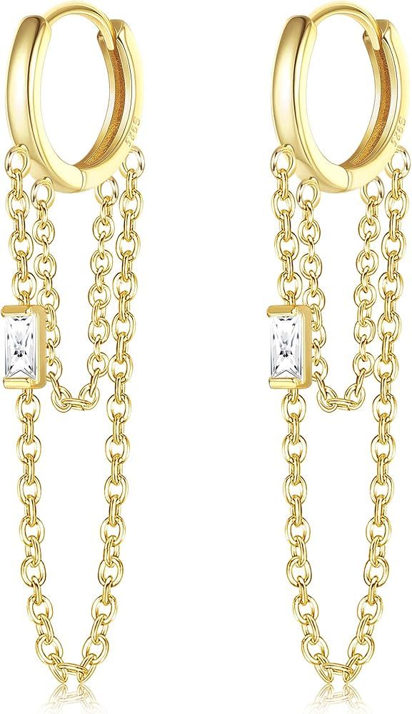 Milacolato 925 Sterling Silver Chain Hoop Earrings 18K Gold Plated Threader Dangle Earrings Carti... | Amazon (US)