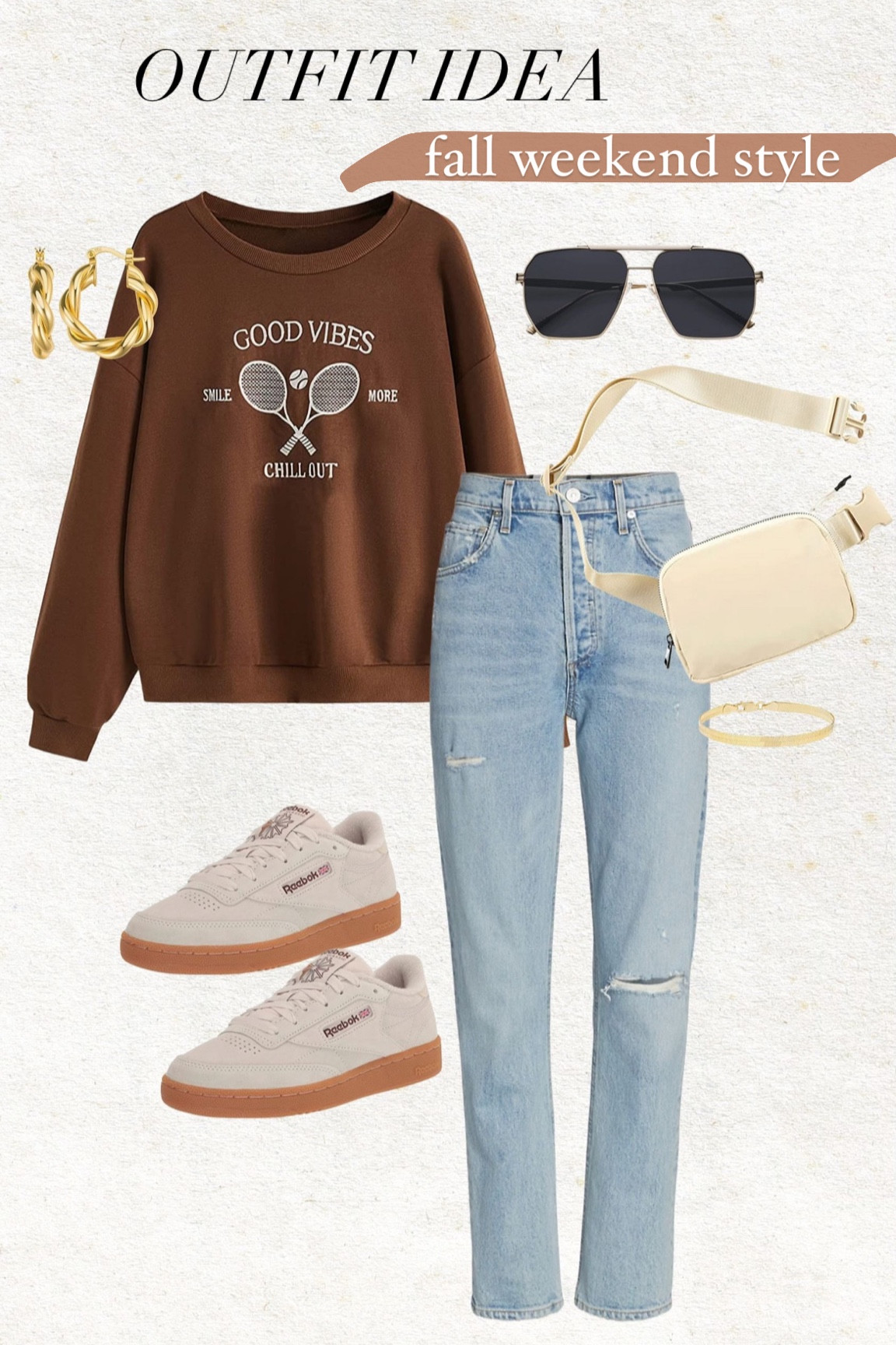 Fall weekend style 🍂 This brown graphic sweatshirt comes in multiple colors and is under $30! 

Fall style; fall outfit; fall fashion; weekend style; mom style; reebok; lululemon belt bag dupe; gold hoop earrings; amazon fashion 

#LTKunder50 #LTKstyletip #LTKshoecrush
