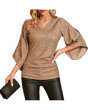 Womens Sequin Top 3/4 Sleeve Sparkly Shirt Glitter V-Neck Dressy Blouse for Evening Party Night | Amazon (US)