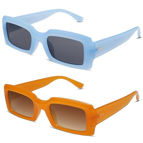 Allarallvr Trendy Rectangle Sunglasses for Women Men Vintage 90's Square Shades Thick Frame Nude Sunnies Sunglasses AR82002, Blue+Orange | Amazon (US)