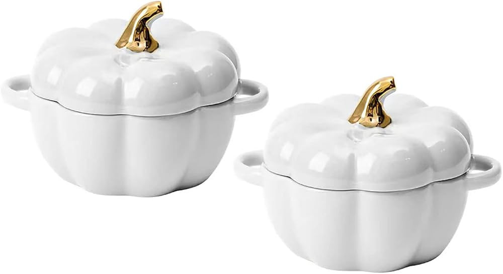 Pumpkin Bowl Set with Lid and Handle, Set of 2 Ceramic Ramekins for Baking, Casserole Dish Indivi... | Amazon (US)