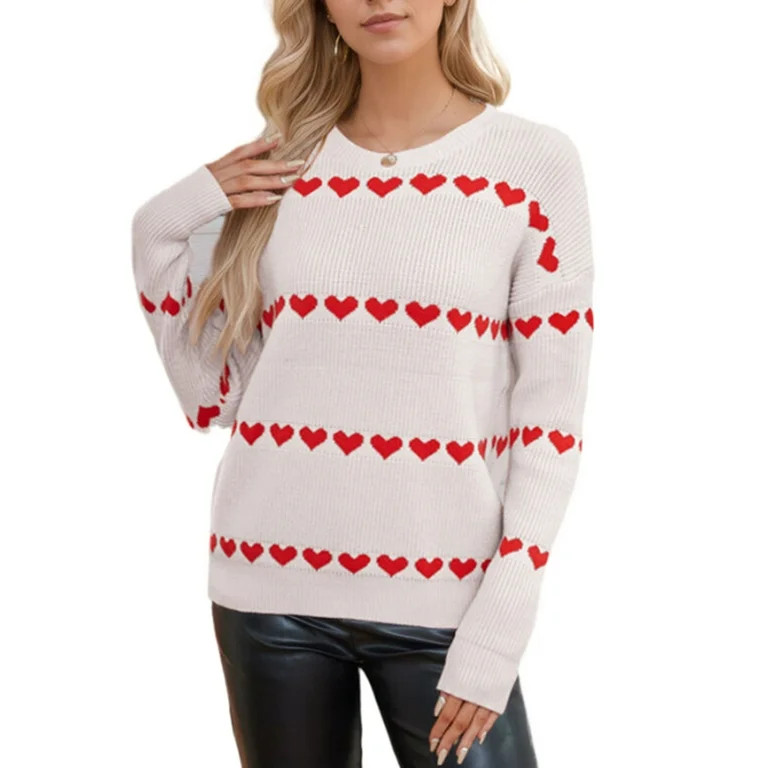 Sweaters for Women Heart Print Striped Color Block Crewneck Sweaters Valentine's Day Casual Fall ... | Walmart (US)
