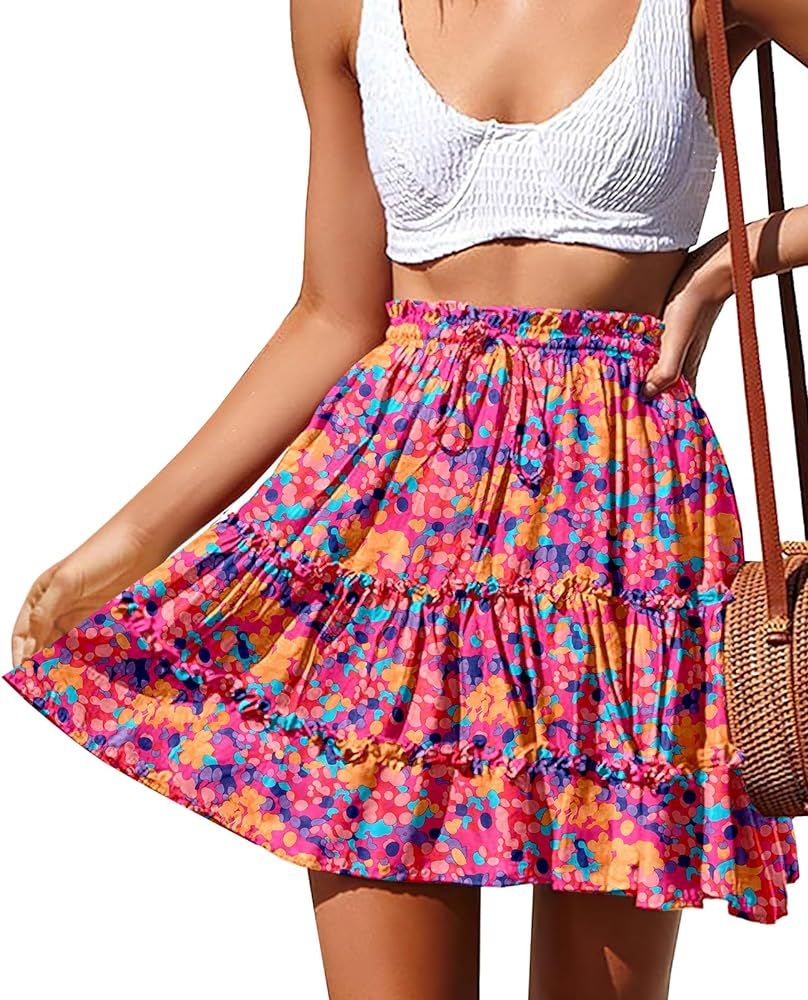 NASHALYLY Women's Summer Boho Floral Print Mini Skirt High Waist Drawstring TieFlame Rose Skirts | Amazon (US)