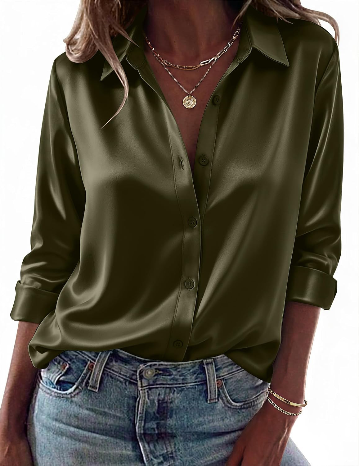 Zeagoo Womens Tops Long Sleeve Satin Silk Button Down Shirts Dressy Blouses | Amazon (US)