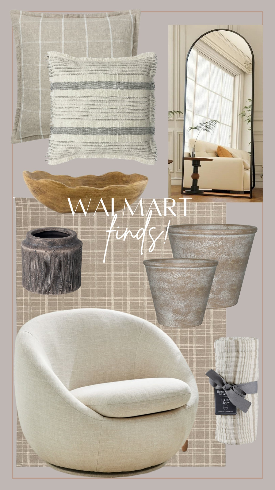 Summer Walmart finds! Accent chair, plaid rug, organic planters, neutral pillows.