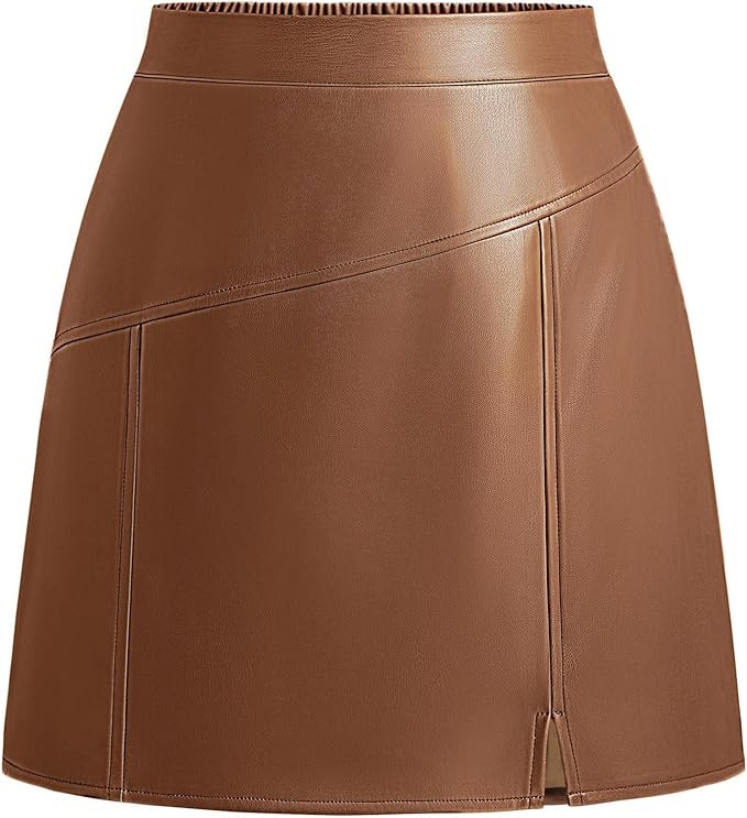 Kate Kasin Women Faux Leather Mini Skirt High Waisted A Line Short Skirt with Slit for Casual Wor... | Amazon (US)