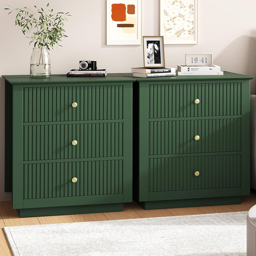 24" Wide Night Stands for Bedrooms Set of 2, Green Fluted Nightstand with Charging Station, Large... | Amazon (US)