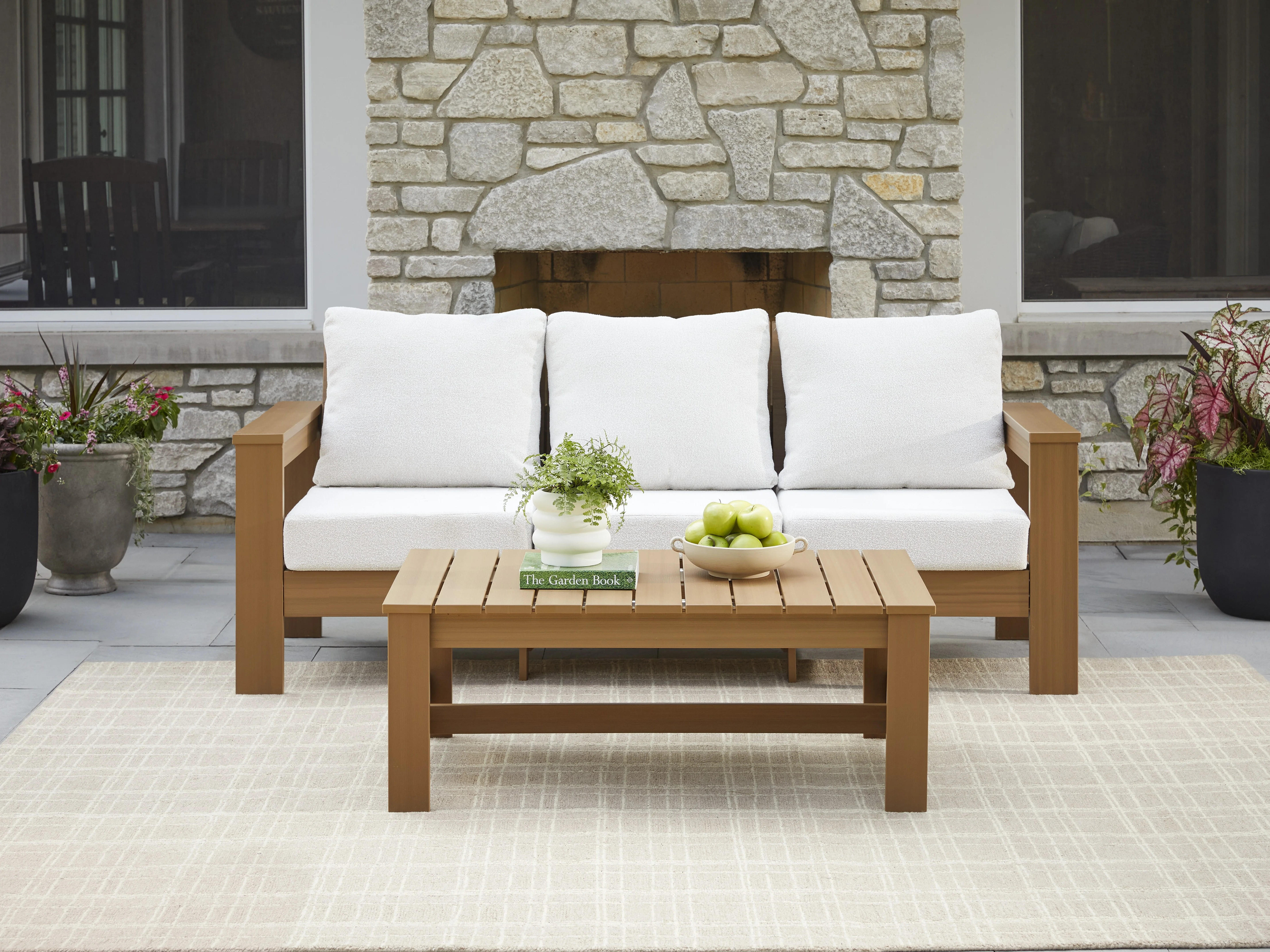 Better Homes & Gardens Ezra Outdoor HDPE Sofa, Teak with Cream Boucle Cushions | Walmart (US)