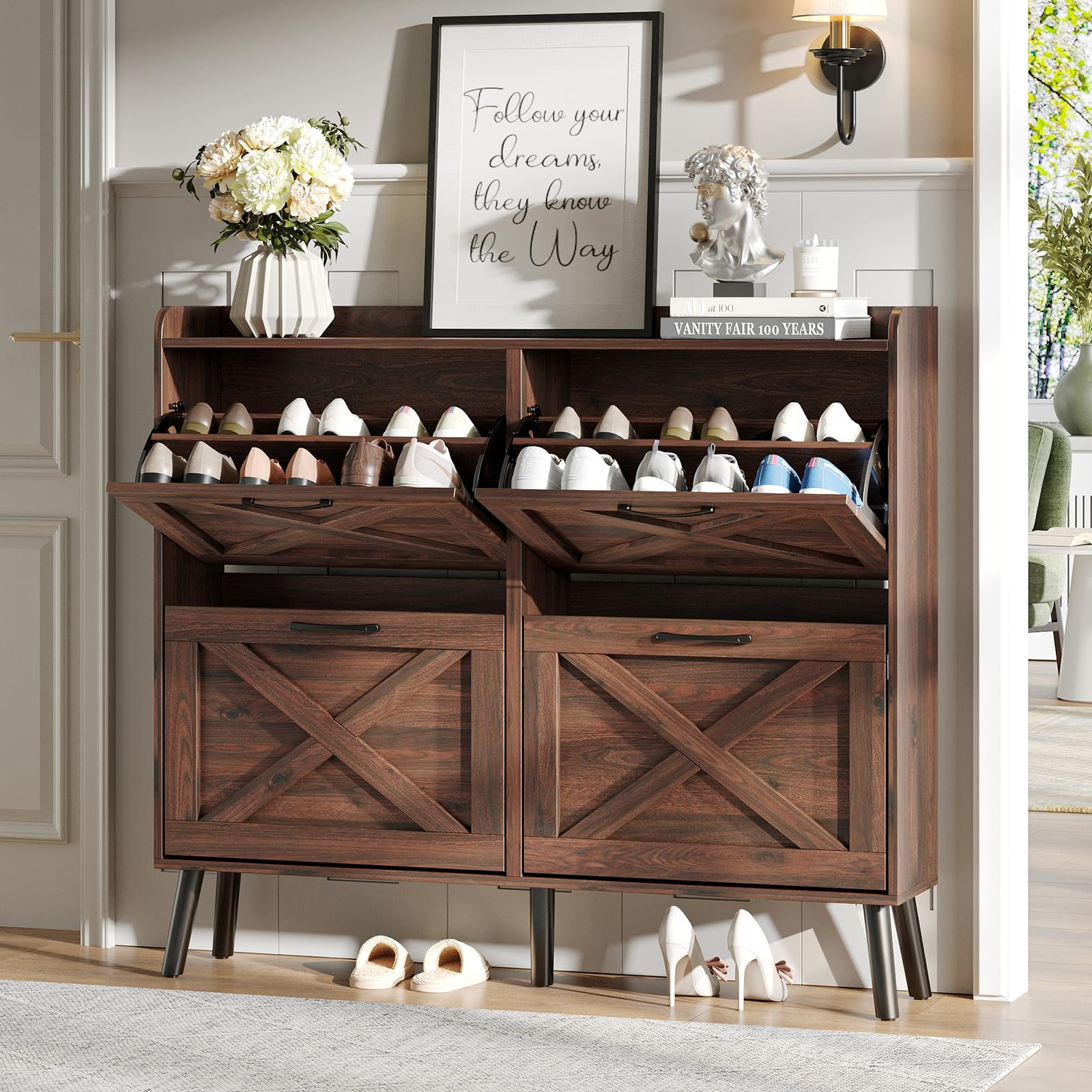 Maupvit Large Shoe Storage Cabinet with 4 Flip Drawers, Narrow Shoe Cabinet for Entryway with Woo... | Amazon (US)