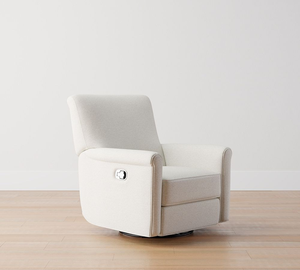 Irving Roll Arm Upholstered Swivel Glider Recliner, Polyester Wrapped Cushions, Performance Heathered Tweed Indigo | Pottery Barn (US)