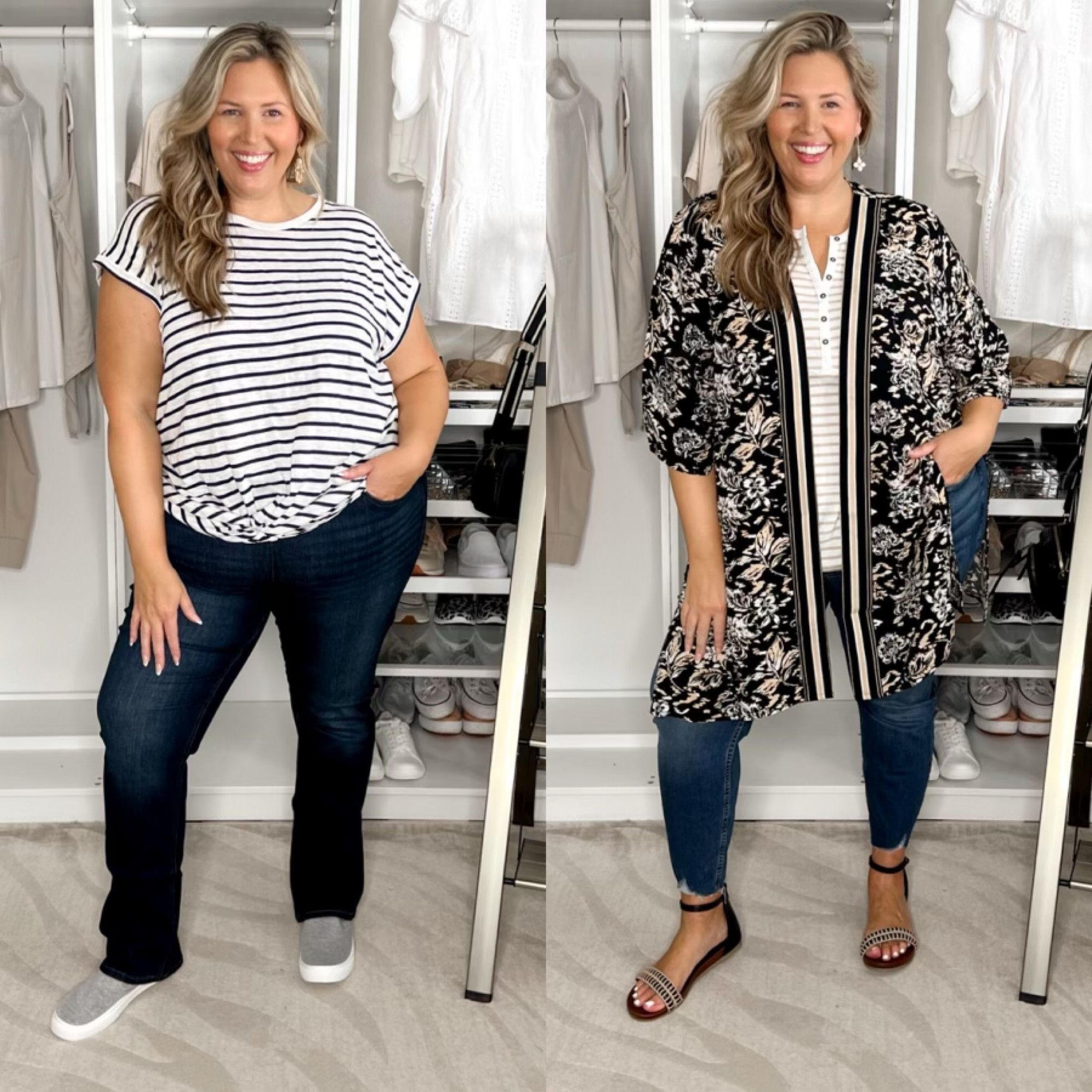 Summer-to-Fall fashion with maurices! 

If you’re looking for a wardrobe staple that will take you through all the seasons, these pull on dark wash jeans are a great option! I got them in a size 20 and they fit perfectly! I paired them with a super cute t-shirt that has a nice built-in tie front detail that makes the look feel more elevated than a typical t-shirt would - I'm in the 2X. I threw on some slip on sneakers and a pair of earrings, and I really love how this look turned out! 

For my second jeans look, I tried out a pair of button-fly skinny jeans with a raw hem. I got them in a size 22 and I think that was the right call with the button-fly. I added a cute striped tank — it’s so cute but runs a little big on me in the 2X, so if you’re shaped like me, I recommend sizing down! To add some additional drama, I added this super cute open-front layering piece in a 2X and I LOVE. Added a cute sandal to finish off the look! 

#LTKSeasonal #LTKBacktoSchool #LTKPlusSize