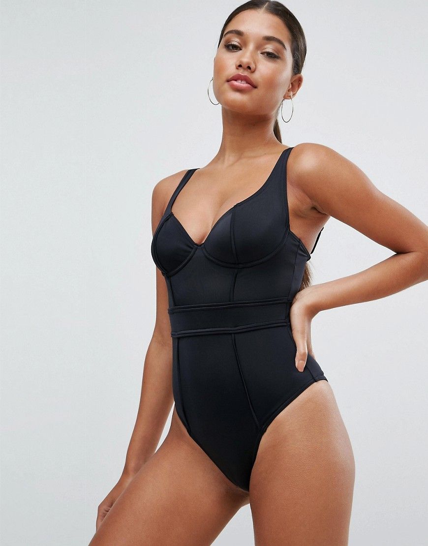 ASOS Panelled Underwired Swimsuit - Black | ASOS UK