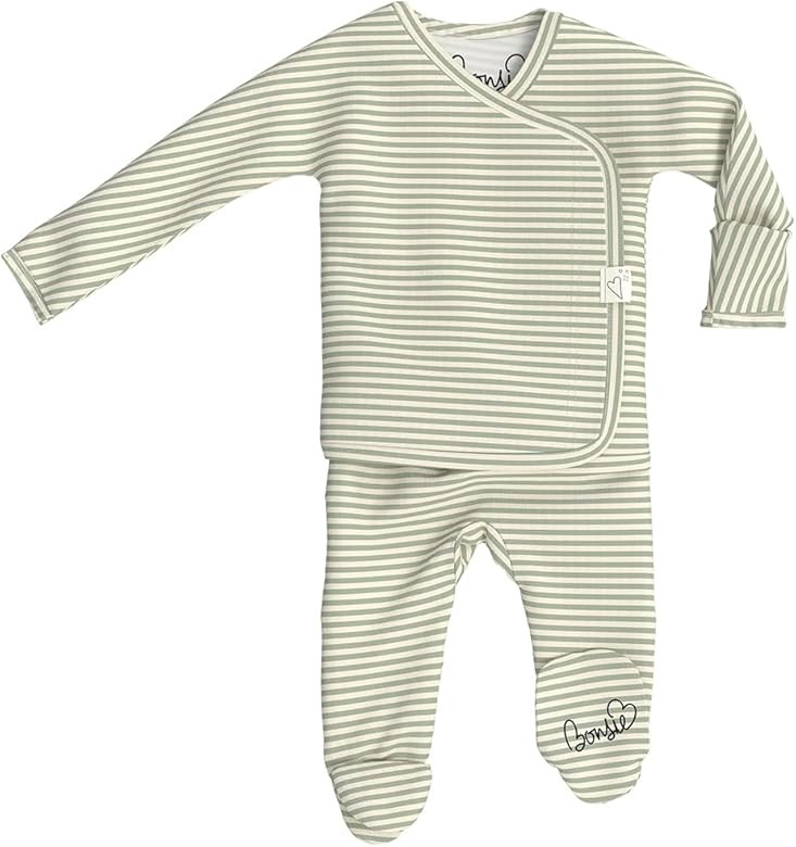 Bonsie Skin to Skin Babywear Footie Bodysuit - Baby Footed One Piece with Green Striped Pattern -... | Amazon (US)