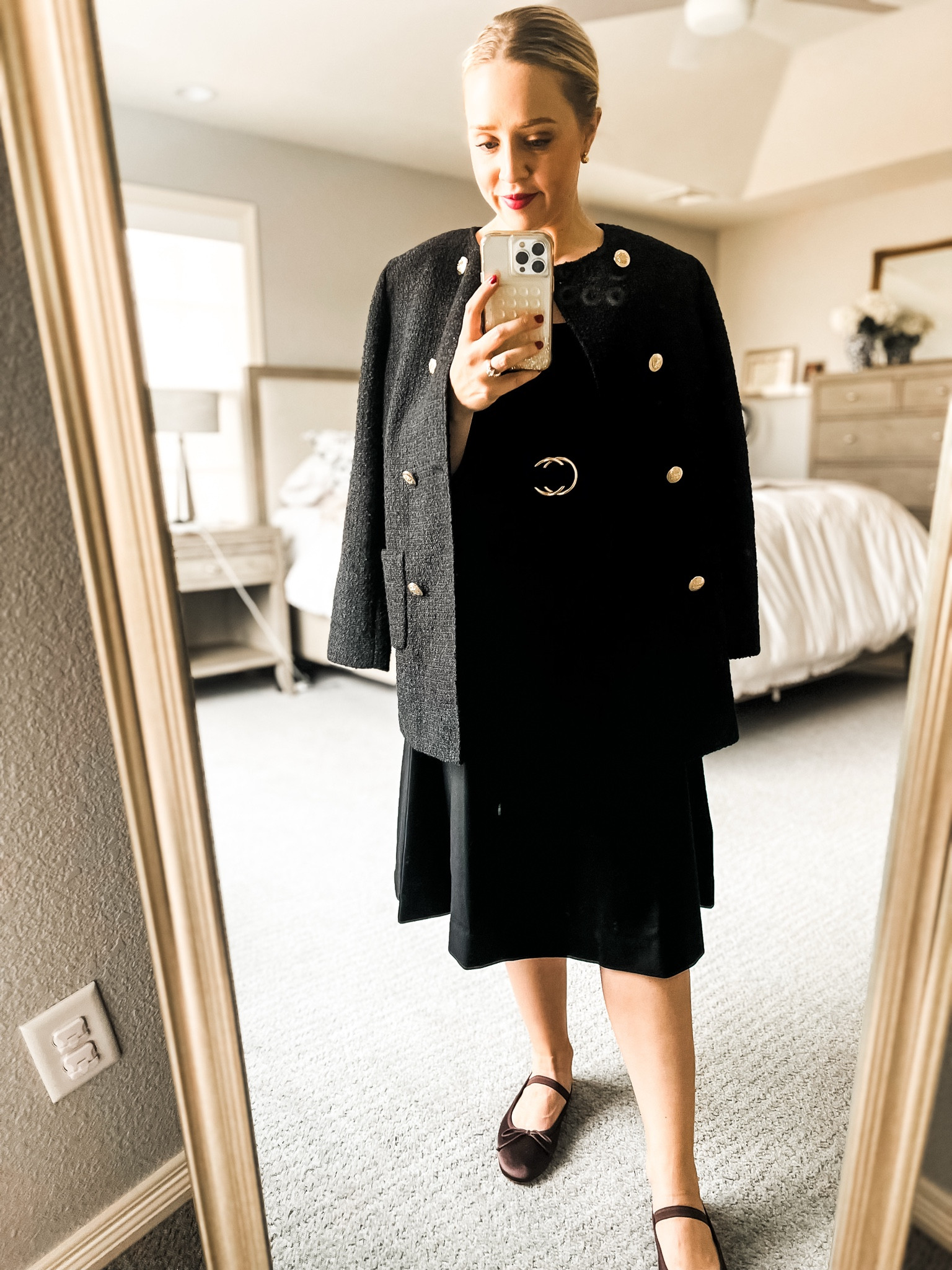 Sized down to xs petite in this collarless tweed jacket. Petite ponte black dress fit tts, chocolate satin ballet flats fits tts and are only stocked in a few sizes, so I’m linking similar options.

#LTKPetite #LTKSaleAlert