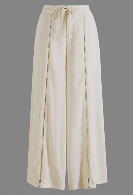 Drawstring Ladder-Lace Wide-Leg Pants in Linen for Daytime Outings & Vacation | Chicwish
