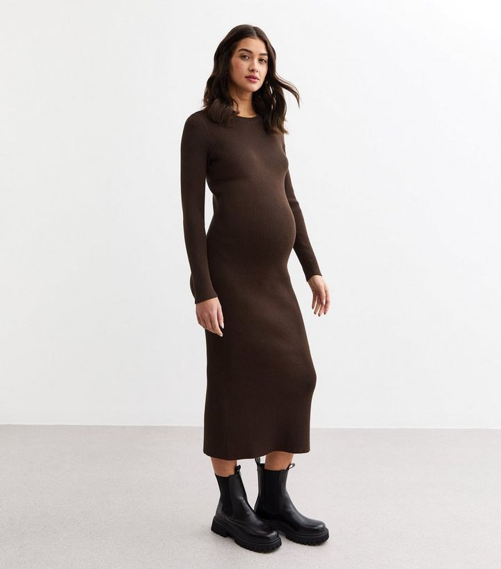 Maternity Brown Hemline Slit Rib Knit Dress | New Look | New Look (UK)