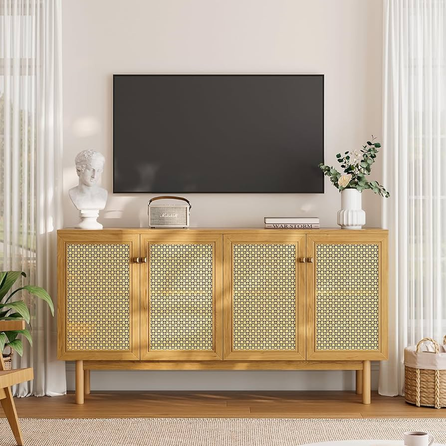 LUXOAK 63" Mid-Century TV Stand with 4 Metal Mesh Doors, Rattan Media Console with Adjustable She... | Amazon (US)