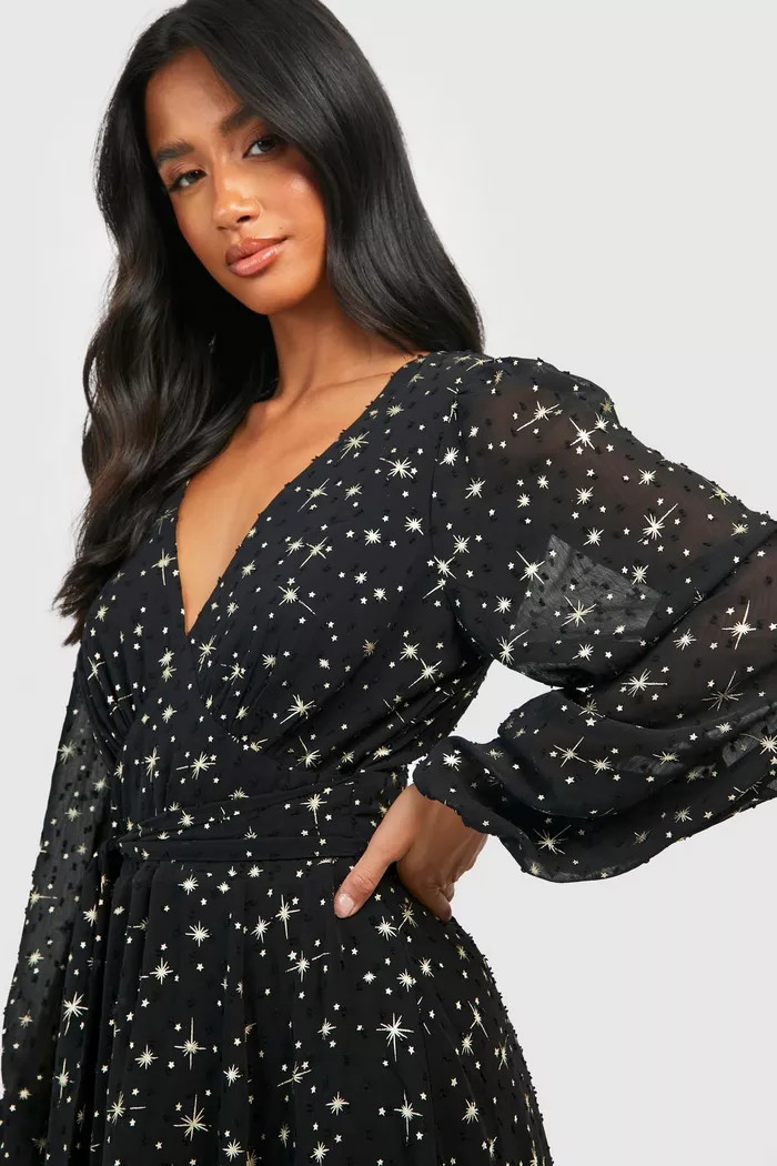 Petite Metallic Star Volume Sleeve Maxi Dress | Boohoo.com (UK & IE)