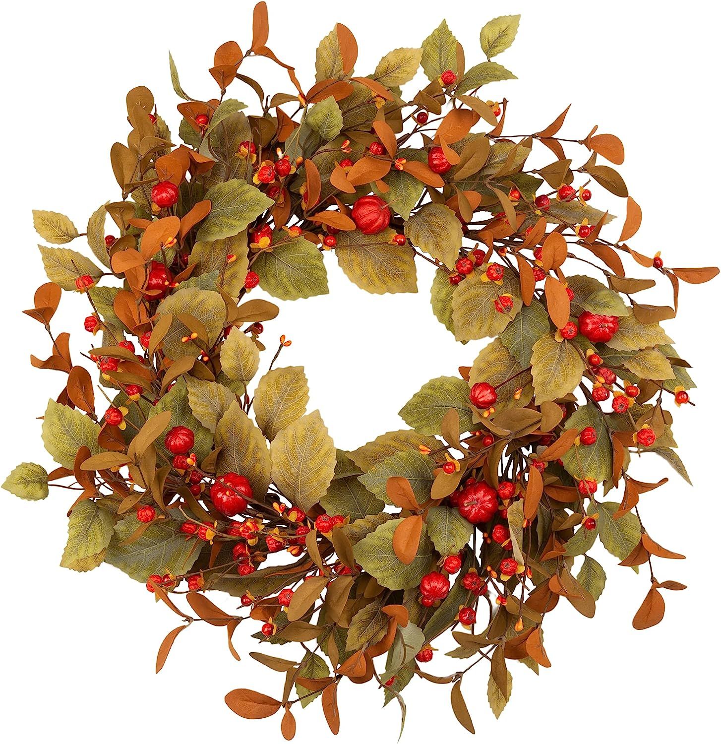 Skrantun 20 Inch Fall Wreath Fall Leaves Wreath with Tiny Pumpkins Artificial Autumn Wreath for A... | Amazon (US)