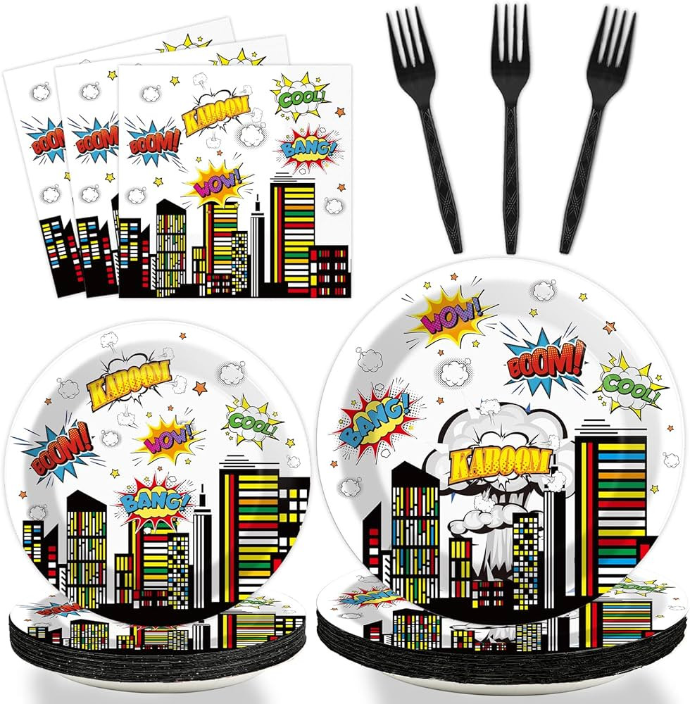 96 PCS Super Theme Hero Party Plates Napkins Hero Themed Party Tableware Hero Action Sign Disposa... | Amazon (US)
