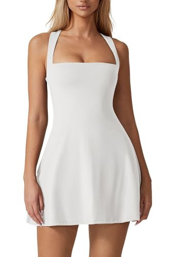 Amazon.com: QINSEN Tennis Dress for Women Square Neck Cross Back Flare Active Workout Dress Built... | Amazon (US)