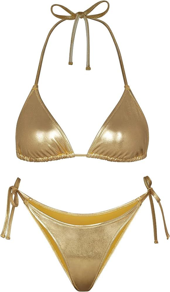 Ella Lust Metallic Bikini for Women - Silver Bathing Suit High Waisted Tie Side Thong Bottom Tria... | Amazon (US)