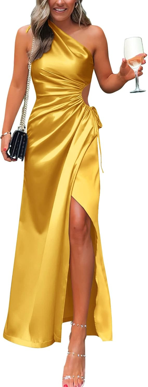 BTFBM Women 2023 One Shoulder Prom Dresses Sleeveless Cutout Ruched Adjustable Split Satin Party ... | Amazon (US)