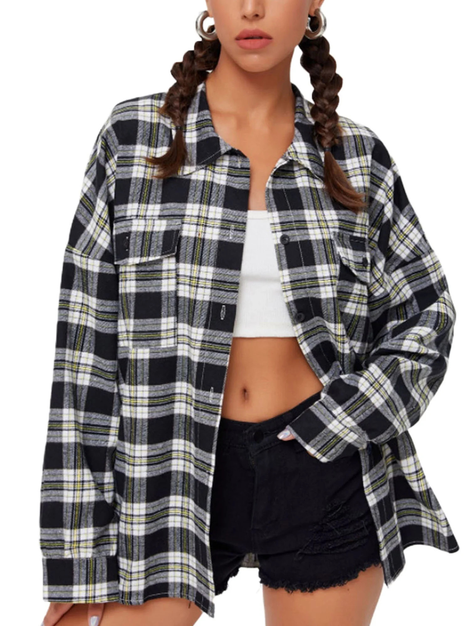 Seyurigaoka Women Juniors Shacket, Adults Plaid Turn-Down Collar Long Sleeve Tops Blouse - Walmar... | Walmart (US)