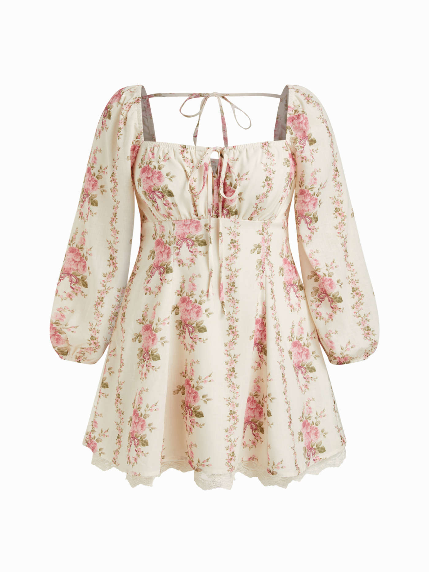Floral Lantern Sleeve Contrasting Lace Knotted Mini Dress Curve & Plus | Cider