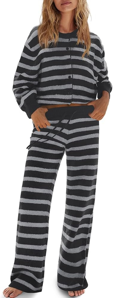 Panadila Women Striped Sweater Sets 2 Piece Lounge Set Oversized Cardigan and Wide Leg Pants Matc... | Amazon (US)