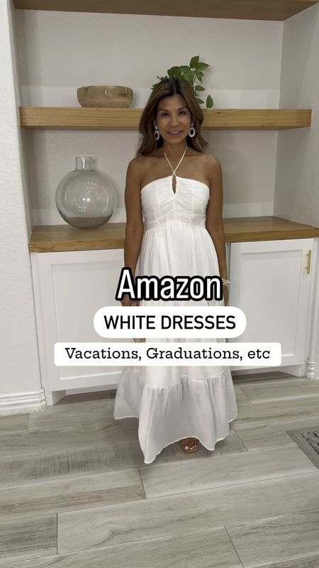 White dresses for graduations, vacations, beach family photos, etc, bridal events.
Wearing small in all fit tts, I’m 5’2”.
Sandals fit tts. 
Everything is lined and. It see through. 
Amazon finds, fashion over 40, petite style, vacation outfits, vacation style, resort wear, resort style, what to wear to Europe, Greece trip, cruise outfits. 

#LTKOver40 #LTKFindsUnder50 #LTKVideo